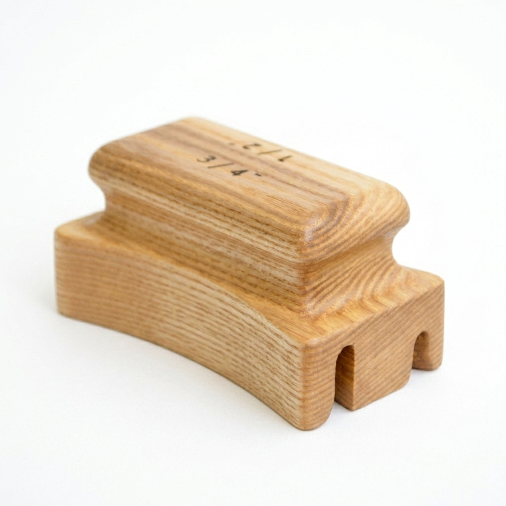 Wooden straight angle hat brim curler showing curved grooves for rolled felt brims