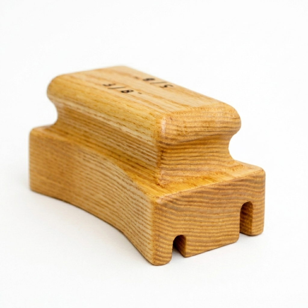 Wooden straight angle hat brim curler marked 3/8 and 5/8 inch