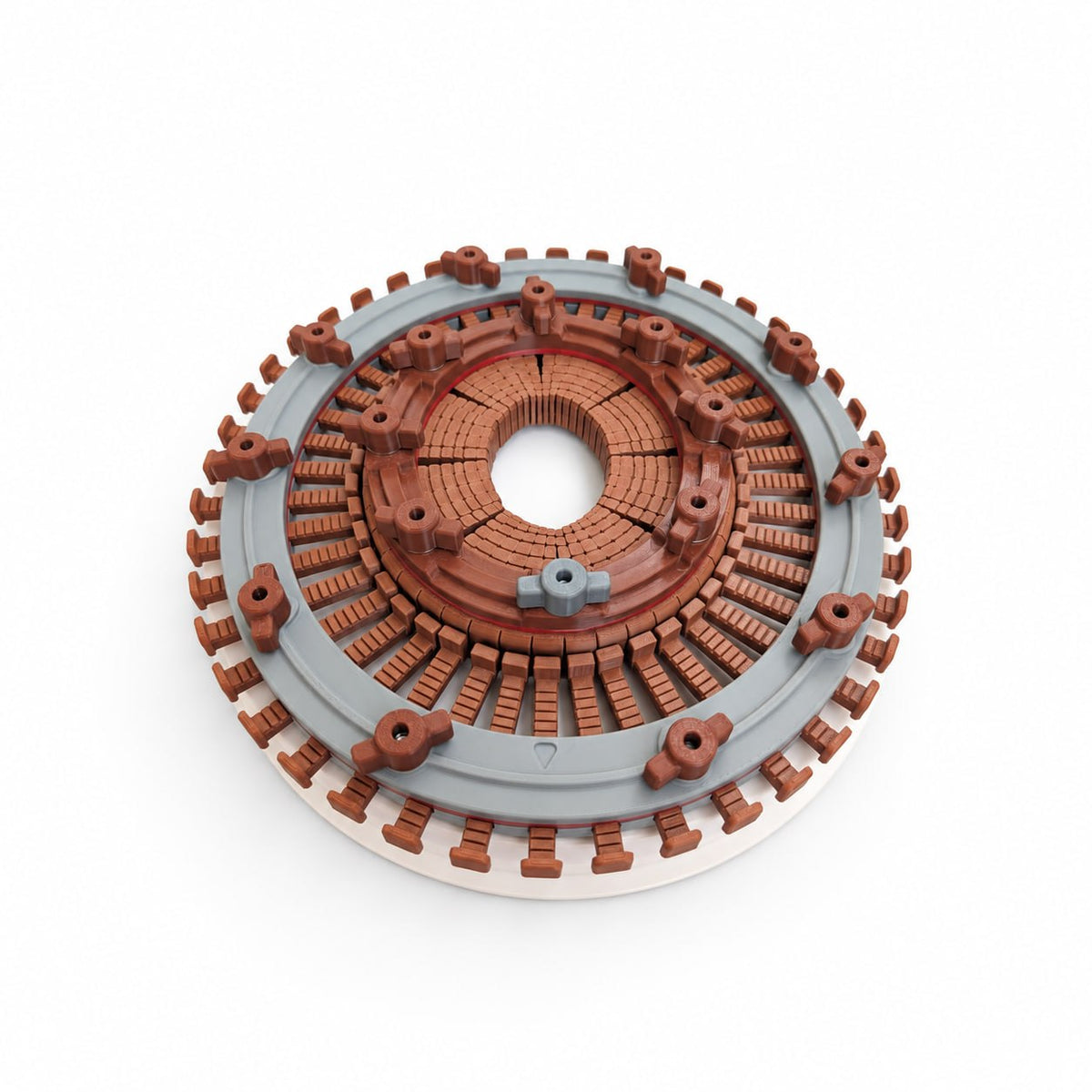 Brown 3D printed plastic formillion inserted inside the matching hat conformer, demonstrating how the captured head shape is transferred and preserved for accurate custom hat fitting