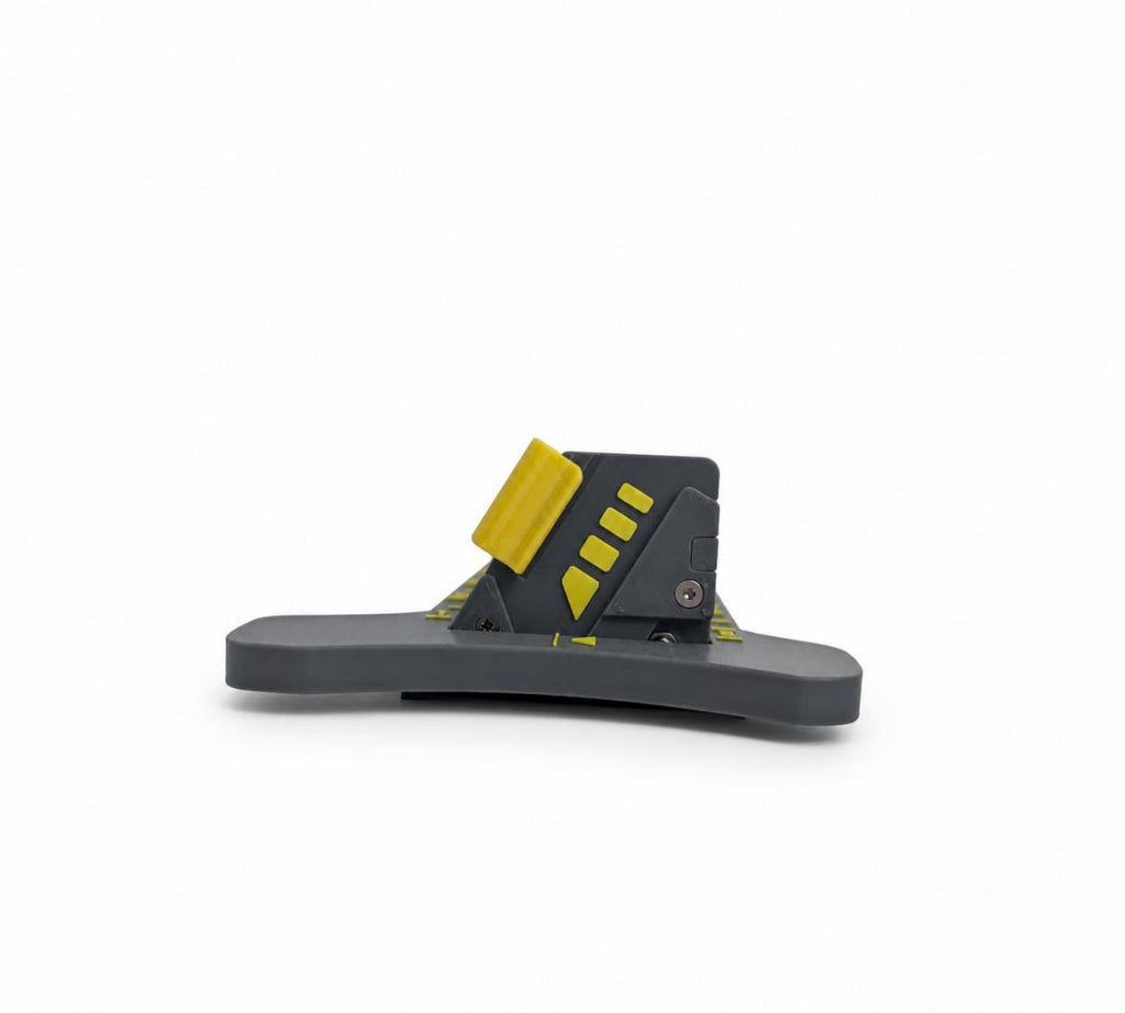 Side view of 3D printed hat brim cutter showing the angled blade holder and curved cutting guide on a white background