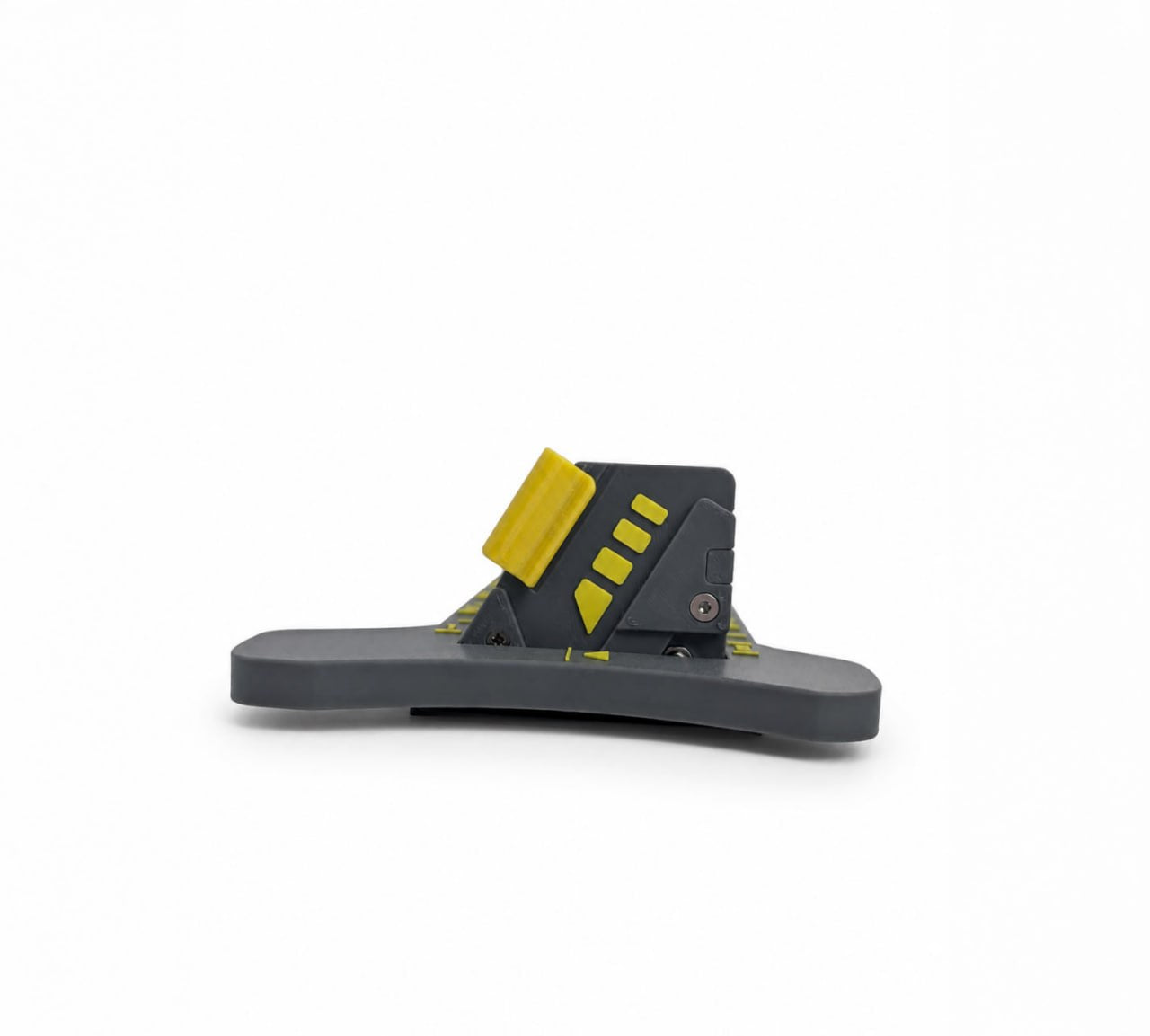 Side view of 3D printed hat brim cutter showing the angled blade holder and curved cutting guide on a white background
