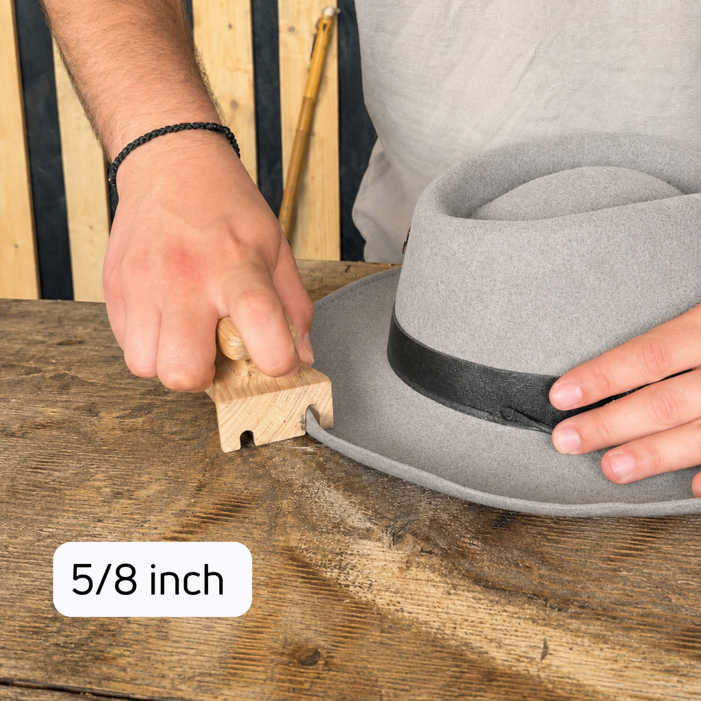 5/8 inch wooden brim curler shaping a rolled edge on a gray felt hat