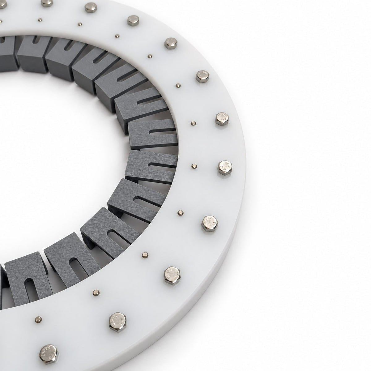 Close-up of the reverse side of an acrylic hat conformateur showing the thick circular base, stainless steel fasteners, guide pins, and gray 3D-printed fingers.