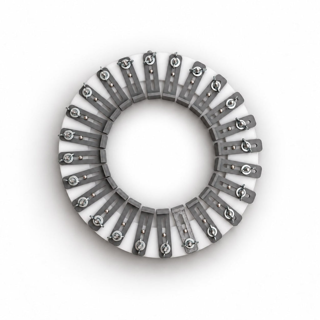 Top view of an acrylic hat conformateur with gray 3D-printed adjustable fingers, stainless steel hardware, and wing nuts for capturing an individual head contour during custom hat fitting.