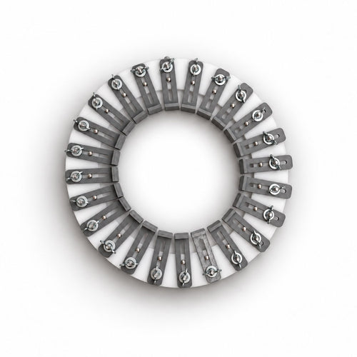 Top view of an acrylic hat conformateur with gray 3D-printed adjustable fingers, stainless steel hardware, and wing nuts for capturing an individual head contour during custom hat fitting.