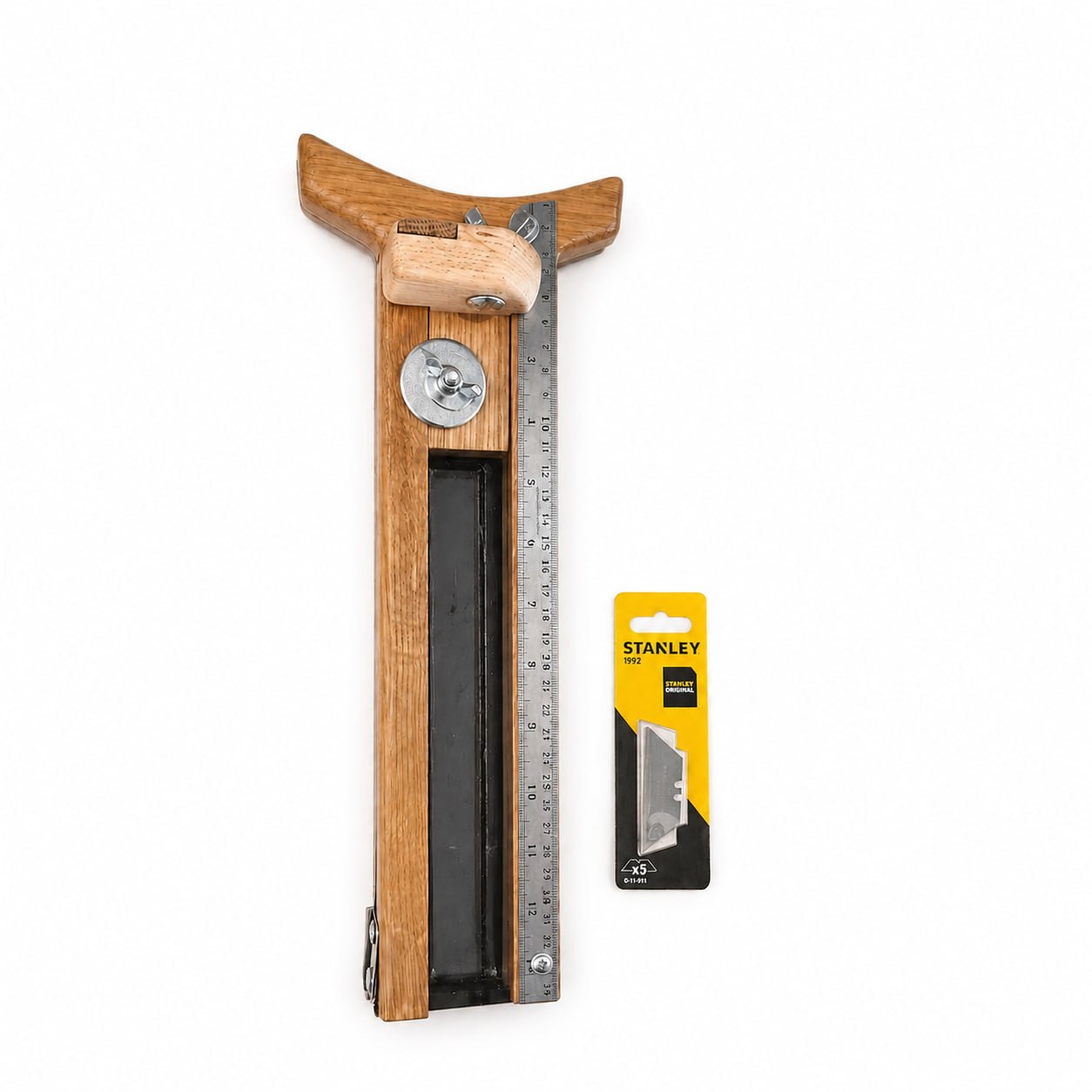 Extended wooden hat brim cutter with long ruler and replacement razor blades