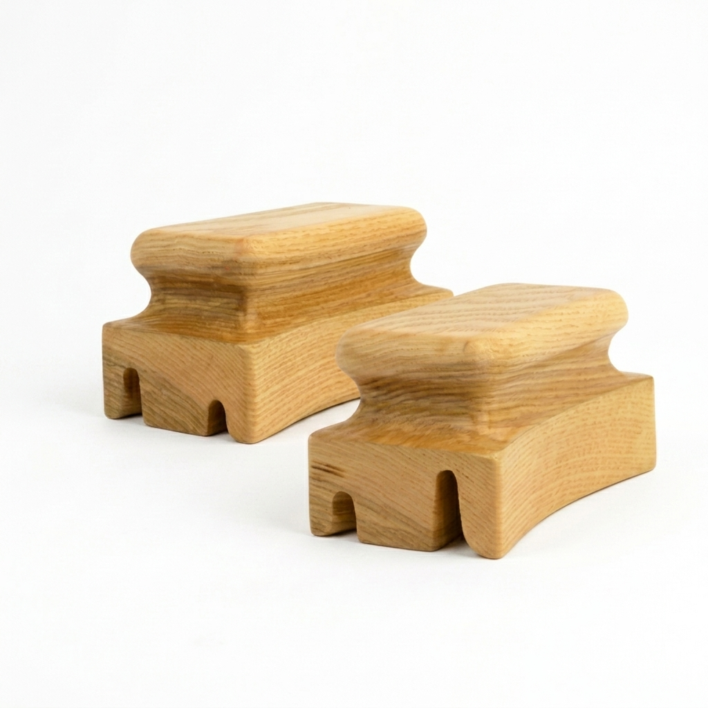 Wooden straight angle hat brim curlers in 3/4–1/2 inch and 5/8–3/8 inch sizes