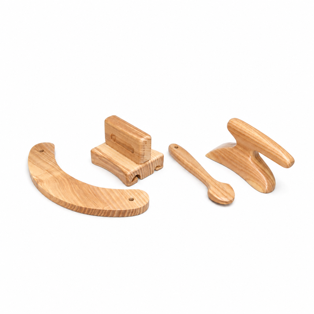 Wooden millinery tools set with puller downer, brim curler, pusher downer, and foot tolliker