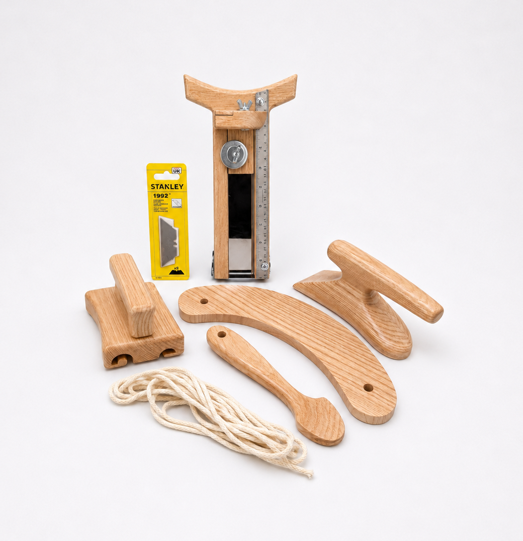 Wooden millinery tools set with hat brim cutter, curler, puller, tolliker, cord, and blades
