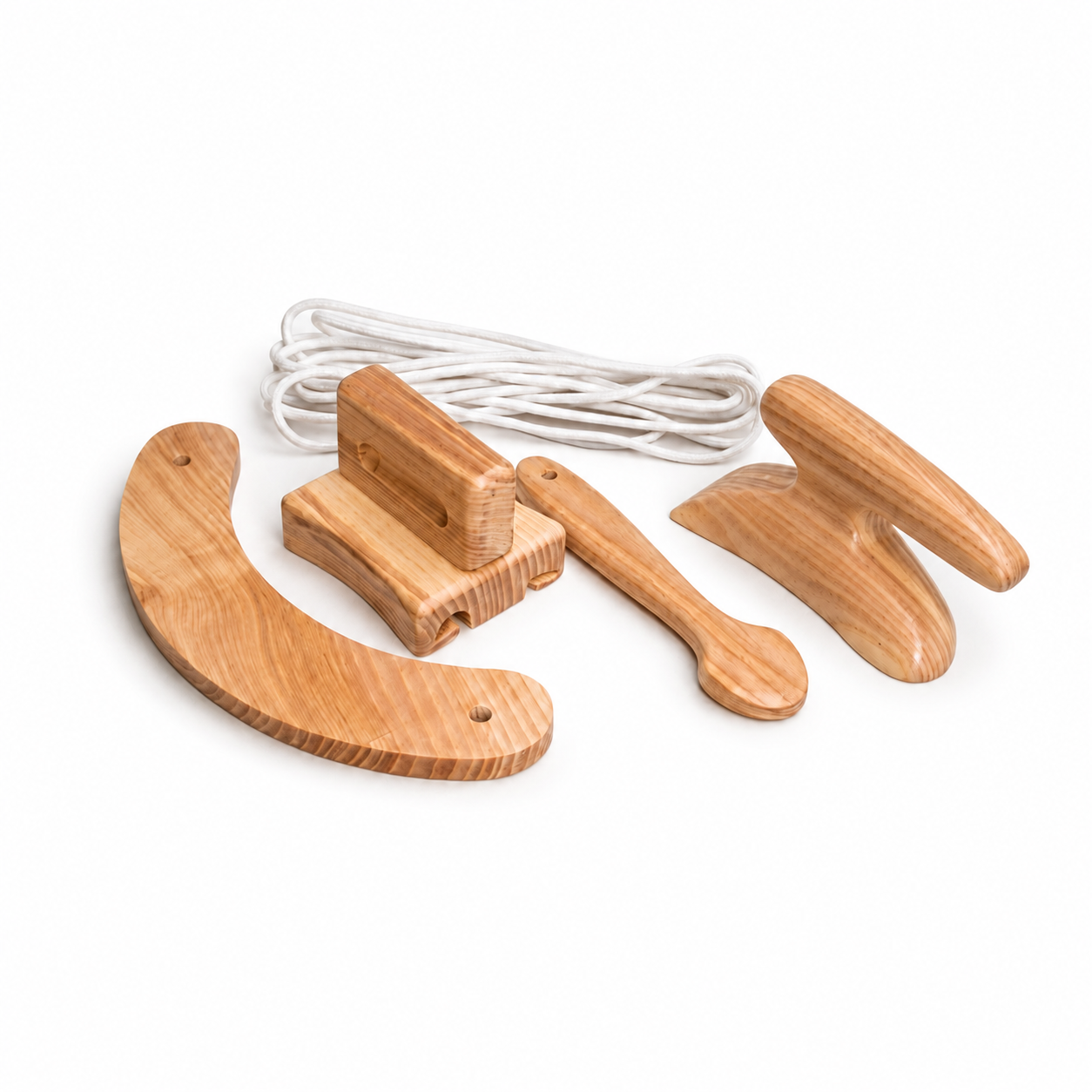 Wooden millinery tools set with puller downer, brim curler, pusher downer, foot tolliker, and blocking cord