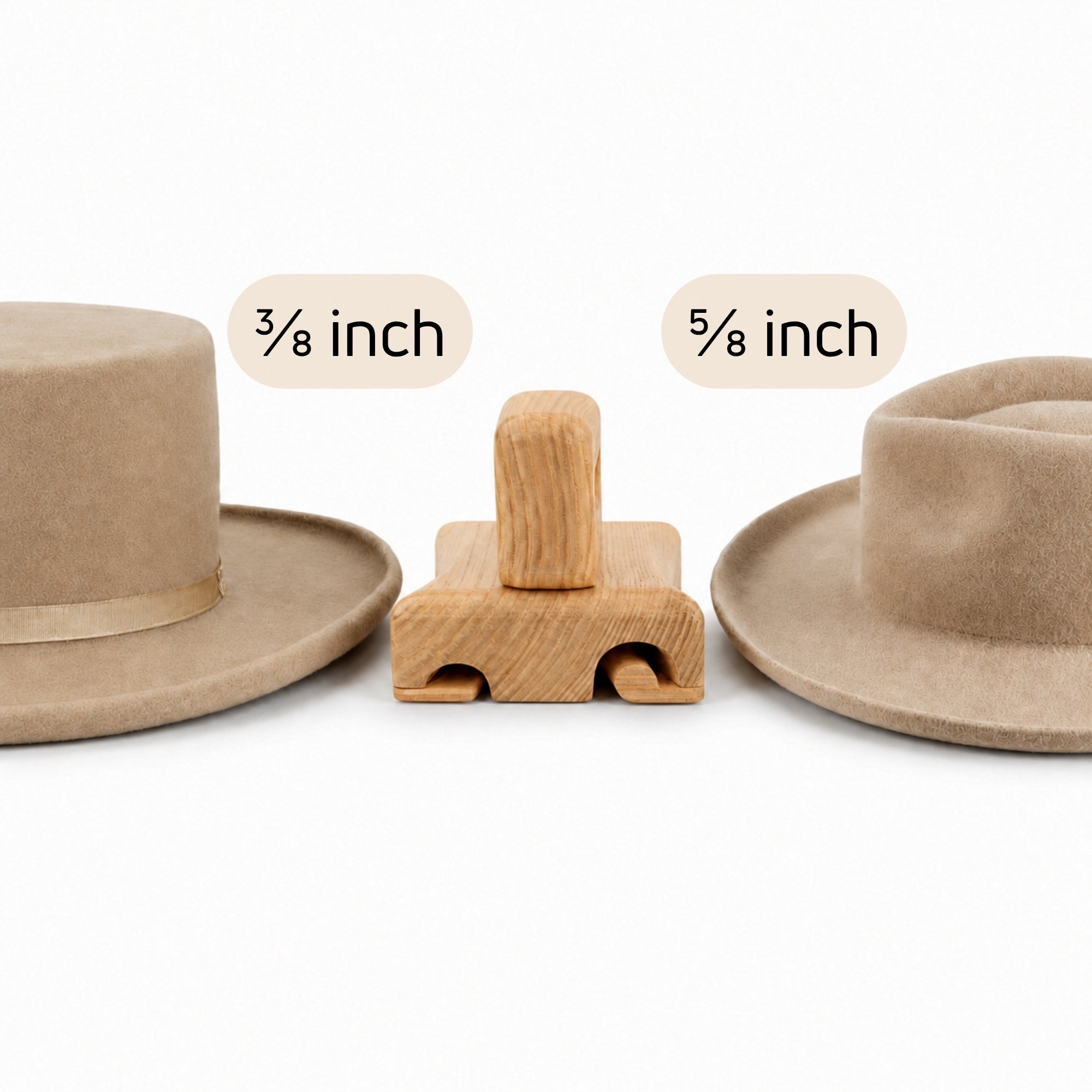 Wooden millinery brim curler with 3/8 inch and 5/8 inch grooves for shaping rolled edges on beige felt hats