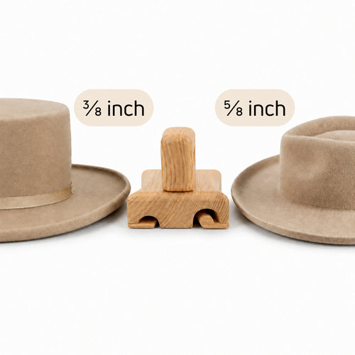 Wooden millinery brim curler with 3/8 inch and 5/8 inch grooves for shaping rolled edges on beige felt hats