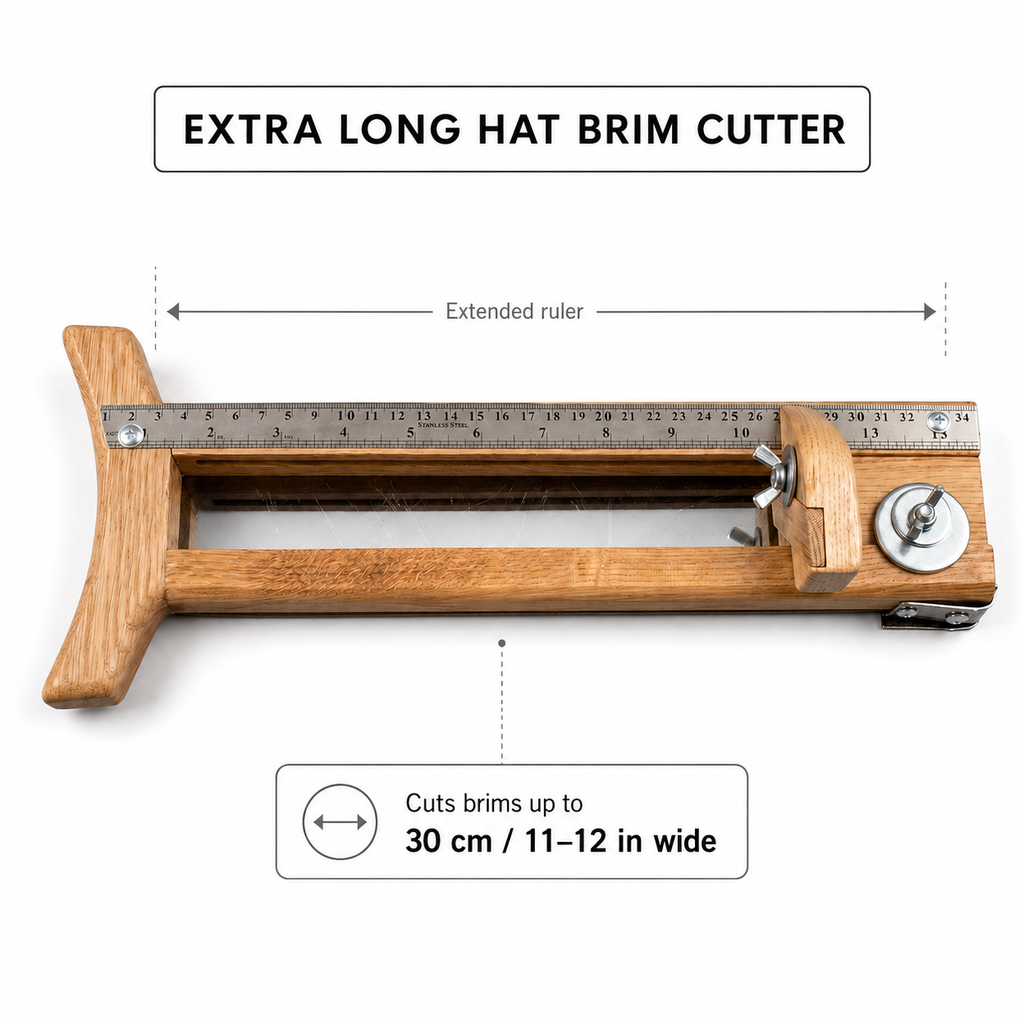Extra long hat brim cutter shown on a white background with text labels explaining its use. The tool has a light wood frame, a metal ruler, and a silver adjustment knob.
