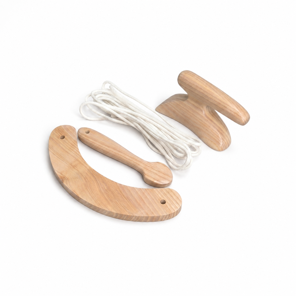 Wooden millinery tools set with puller downer, pusher downer, foot tolliker, and blocking cord