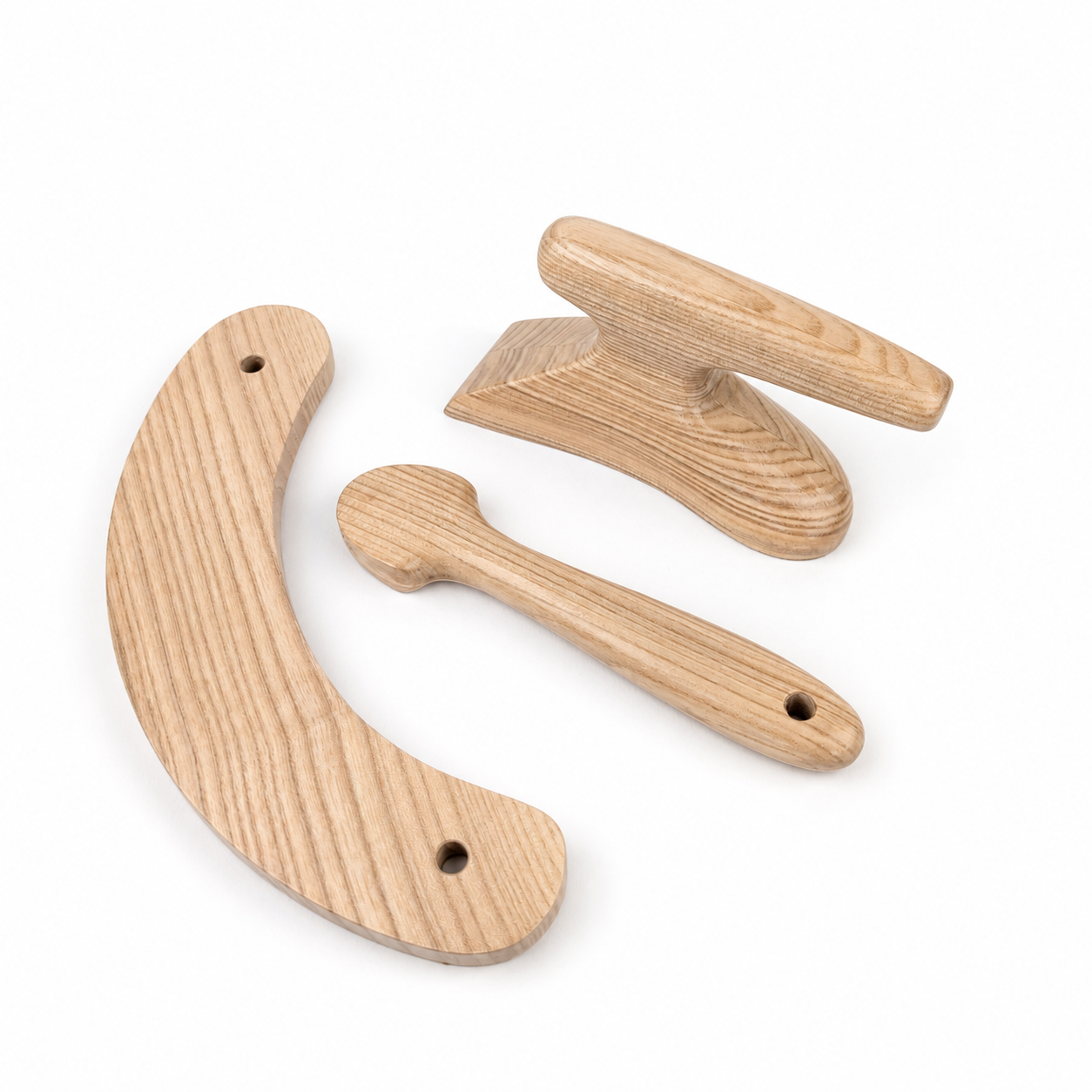 Wooden millinery tools set with puller downer, pusher downer, and foot tolliker