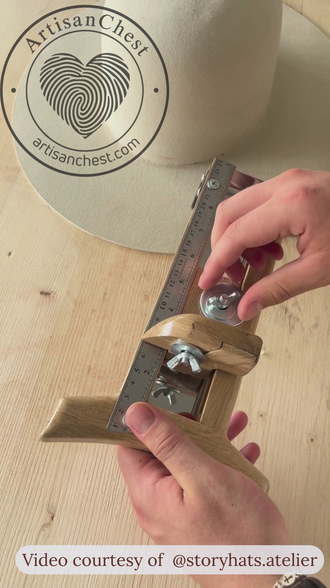 Short video showing a hatmaker using a wooden hat brim cutter to trim a felt hat brim with control and precision.